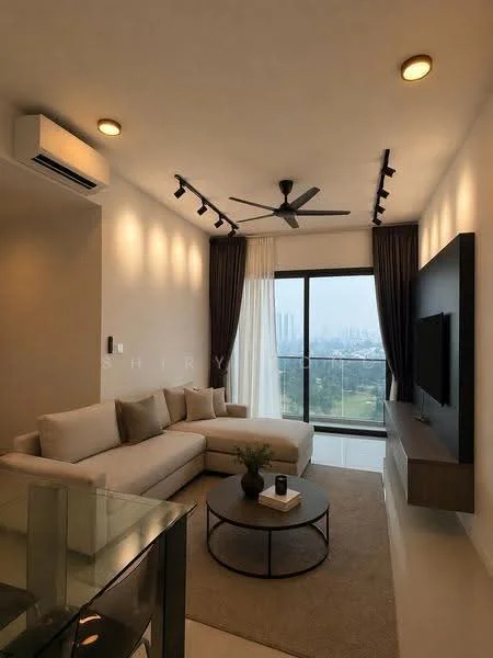 Living features: 3-seater fabric sofa in beige, coffee table, wall-mounted TV, TV console, area rug, floor-to-ceiling windows, curtains, 5-blade ceiling fan with light, recessed LED downlights, white painted walls, polished concrete flooring, decorative plant; style: modern; view: city.
