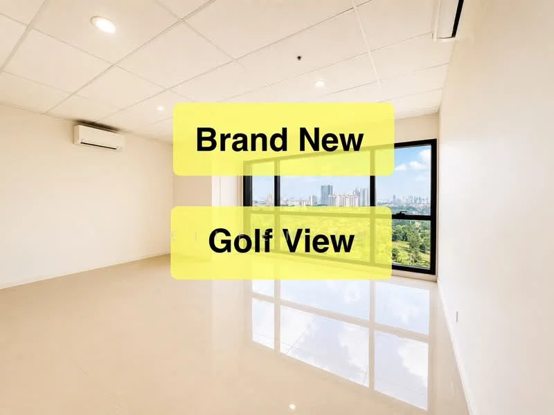 Room features: white painted walls, polished tile flooring, floor-to-ceiling windows, city skyline view, golf view, 1 wall-mounted split AC, recessed ceiling lights; style: modern; view: golf.