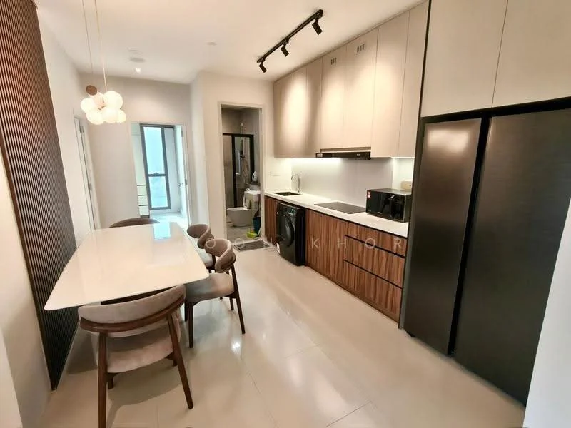 Kitchen features: white cabinetry with flat-panel design, brown wood cabinetry, white quartz countertop, stainless-steel sink, chrome pull-down faucet, built-in microwave, freestanding black fridge, built-in oven, 4-burner gas hob, black washing machine, pendant light fixture, dining table with white marble top, upholstered dining chairs, floor-to-ceiling windows, light-colored tile flooring; style: modern.