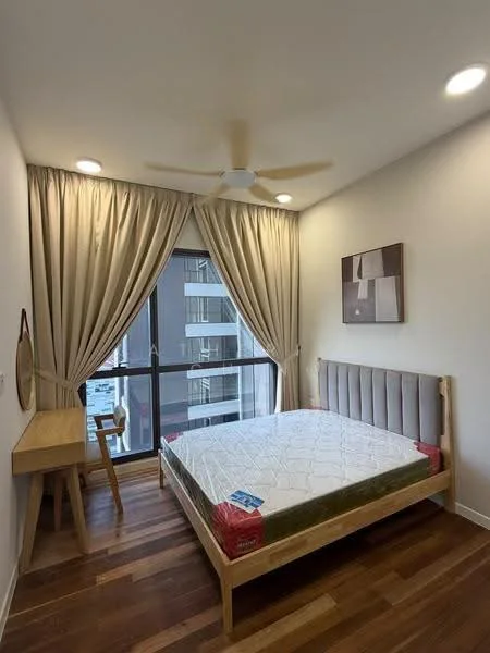 Bedroom features: queen-size bed, upholstered headboard, wooden bed frame, wooden flooring, 5-blade ceiling fan with light, floor-to-ceiling windows, sheer curtains, decorative wall art, study desk, wooden chair; style: modern; view: city.