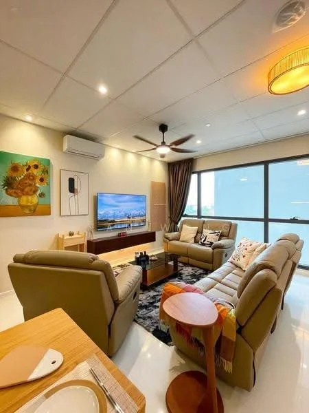 Living features: 2-seater leather sofa in beige, 3-seater fabric sofa in light grey, coffee table, wall-mounted TV, area rug with geometric pattern, 5-blade ceiling fan with light, recessed LED downlights, floor-to-ceiling windows, curtains, decorative wall art with sunflowers, side table, decorative cushions; style: modern; view: city.