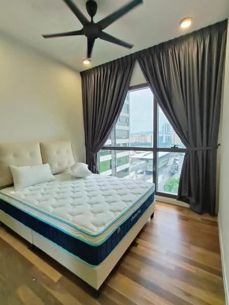 Bedroom features: king-size bed with upholstered headboard, white bedding, 5-blade ceiling fan, floor-to-ceiling windows, grey curtains, wooden flooring, city view, decorative pillows; style: modern; view: city.