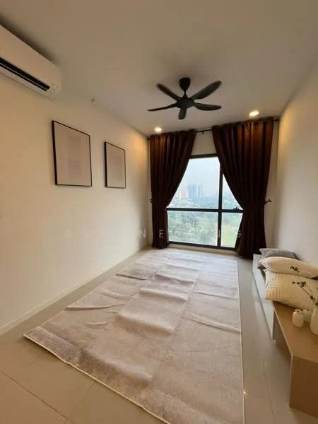 Bedroom features: white painted walls, light-colored flooring, 5-blade ceiling fan with light, floor-to-ceiling windows, sheer curtains, decorative wall art, area rug, built-in bench, natural light from window; style: modern; view: city.