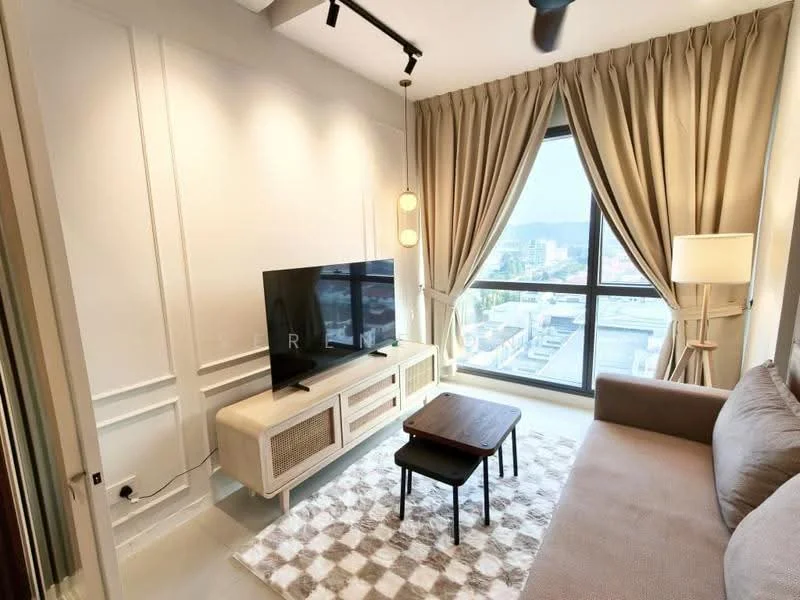 Living features: floor-to-ceiling windows, beige fabric sofa, wooden coffee table, TV console with rattan detailing, wall-mounted TV, area rug with geometric pattern, curtains in light beige, recessed downlights, decorative floor lamp; style: modern; view: city.