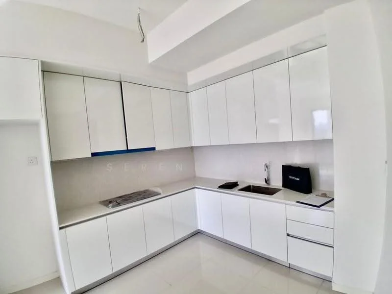 Kitchen features: white glossy cabinetry, built-in oven, stainless-steel sink, chrome pull-down faucet, white countertop, tile backsplash, integrated refrigerator space, under-cabinet lighting, marble-like flooring, open shelving, drawer storage; style: modern.