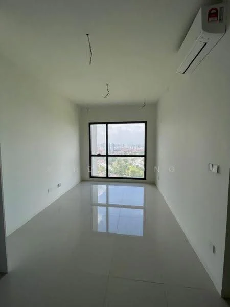 Room features: white painted walls, glossy tile flooring, floor-to-ceiling windows, 1 wall-mounted split AC, city view, no visible furniture, minimalist design, neutral color palette; style: modern; view: city.
