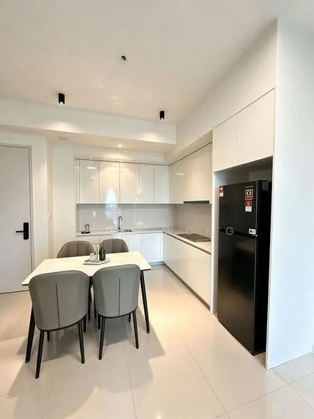 Kitchen features: white cabinetry, grey countertop, stainless-steel sink, chrome pull-down faucet, built-in oven, fridge, 4-seater dining table, upholstered dining chairs, tile flooring, recessed downlights, wall-mounted cabinets, open shelving; style: modern.