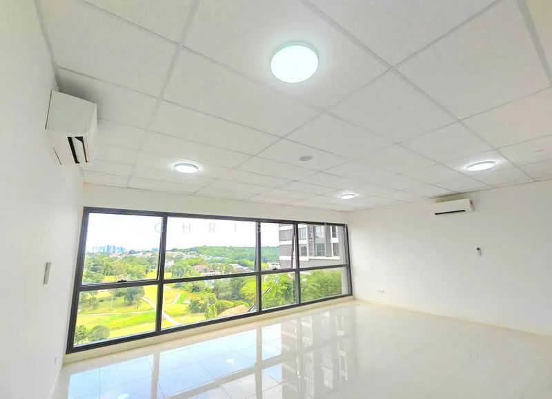 Living features: large floor-to-ceiling windows, white painted walls, polished tile flooring, recessed LED downlights, 2 wall-mounted split AC units, view of greenery, open layout, smooth ceiling; style: modern; view: garden.
