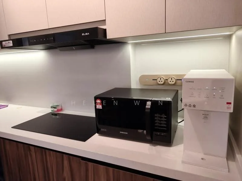Kitchen features: black countertop, light wood cabinetry, built-in microwave in black, stainless-steel range hood, induction cooktop, water dispenser, multiple power outlets, under-cabinet lighting; style: modern.