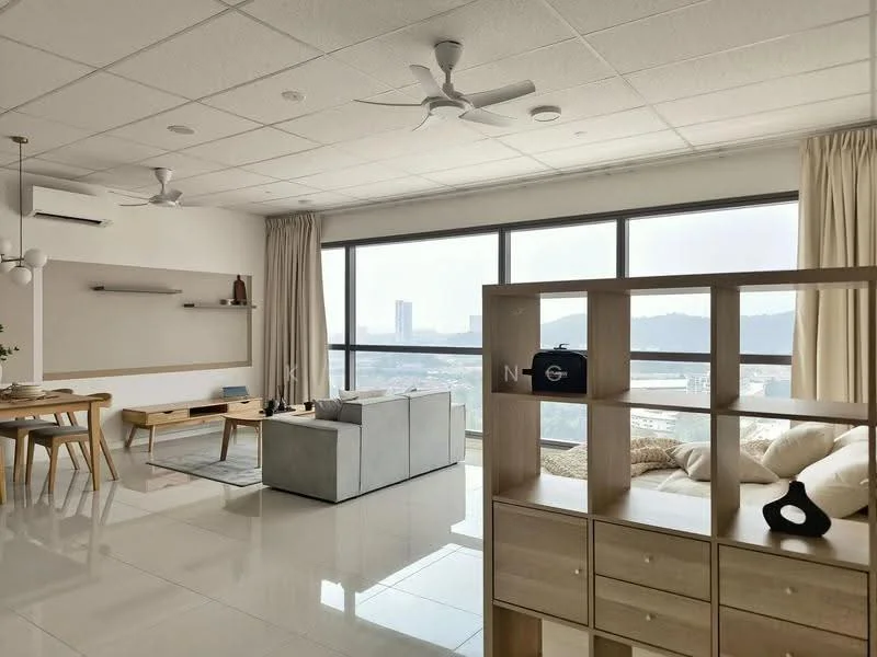 Living features: floor-to-ceiling windows, grey fabric sofa, light wood coffee table, dining table for 4, 2 ceiling fans, white painted walls, glossy tile flooring, curtains, decorative shelving unit, wall-mounted TV, decorative items on shelves; style: modern; view: city.