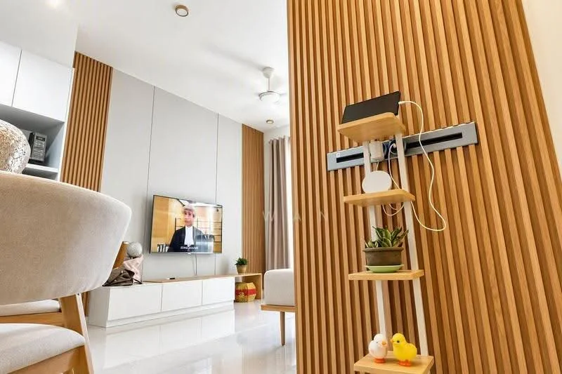 Living features: light-coloured walls, wood panel accent wall, polished tile flooring, ceiling fan, wall-mounted TV, white TV console, decorative shelving unit, houseplants on shelving, decorative items on shelves, sofa with light upholstery, natural light from windows, curtains for window treatment; style: modern.