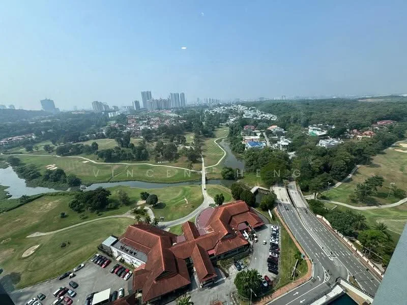 Exterior features: city skyline in background, golf course view, manicured lawns, surrounding greenery, roadway visible, parking lot with vehicles, low-rise buildings, water features, trees lining the landscape; style: modern.