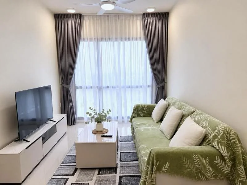 Living features: 3-seater fabric sofa in green, white throw pillows, coffee table with round top, TV console with storage, wall-mounted TV, floor-to-ceiling windows, sheer curtains, dark grey curtains, recessed downlights, ceiling fan with light, area rug with geometric pattern, decorative plant in ceramic pot; style: modern; view: city.