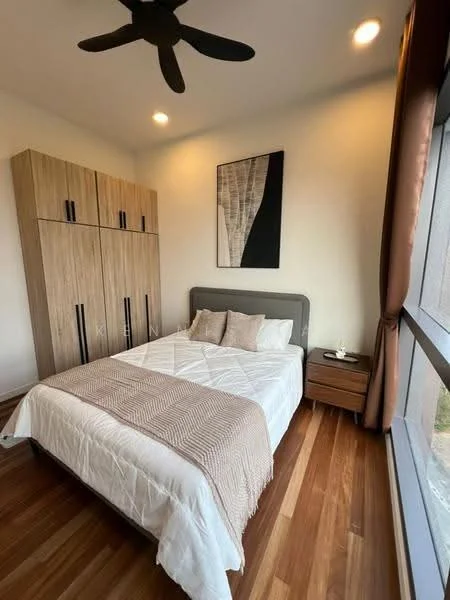 Bedroom features: queen-size bed, upholstered headboard, wooden bedside table, decorative pillows, wooden wardrobe with multiple doors, framed artwork on wall, 5-blade ceiling fan, recessed ceiling lights, large window with curtains, wooden flooring; style: modern.