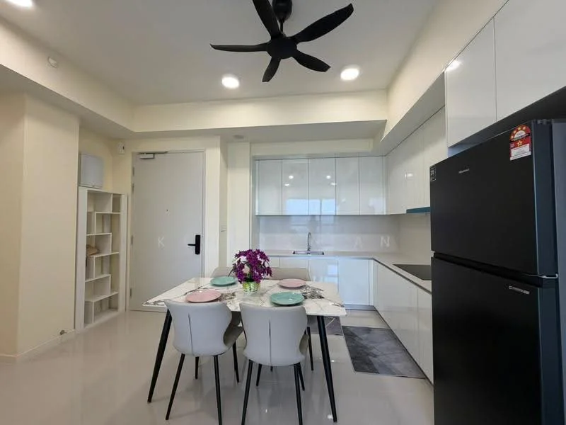 Kitchen features: white glossy cabinetry, marble countertop, stainless-steel sink, chrome pull-down faucet, built-in oven, freestanding refrigerator in black, 4-burner gas hob, pendant light, 5-blade ceiling fan, dining table for four, ceramic tile flooring, open shelving, wall-mounted microwave, window with city view; style: modern; view: city.