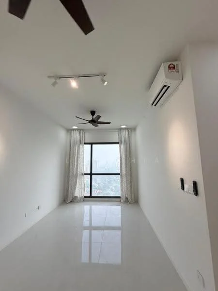 Room features: white painted walls, polished tile flooring, 5-blade ceiling fan, recessed LED downlights, floor-to-ceiling windows, sheer curtains, wall-mounted split AC, two electrical outlets; style: modern; view: city.
