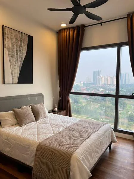 Bedroom features: king-size bed with white bedding, upholstered headboard, 2 bedside tables, table lamps on bedside tables, floor-to-ceiling windows, curtains in brown, decorative artwork on wall, ceiling fan with 5 blades, wooden flooring, view of city skyline; style: modern; view: city.