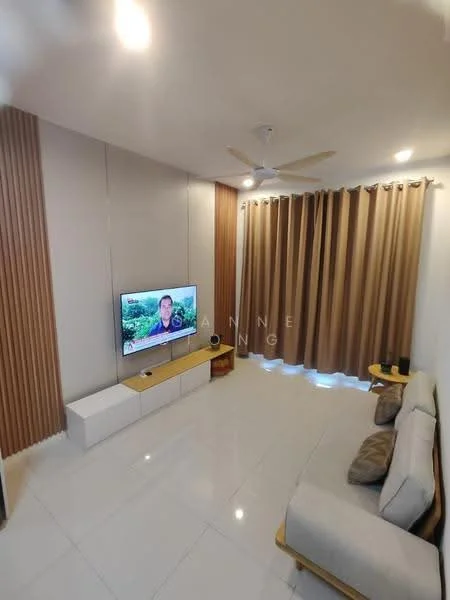 Living features: white painted walls, light grey accent wall, glossy tile flooring, 5-blade ceiling fan with light, sofa with cushions, TV console, wall-mounted TV, curtains in beige, decorative wall paneling, area rug; style: modern.