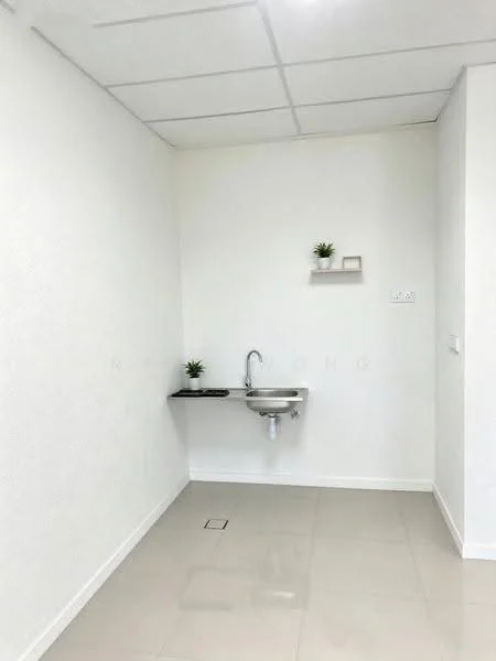 Room features: white painted walls, glossy tile flooring, single-bowl stainless-steel sink, wall-mounted shelf, small potted plants on shelf, square floor drain, ceiling tiles, neutral color scheme; style: modern.