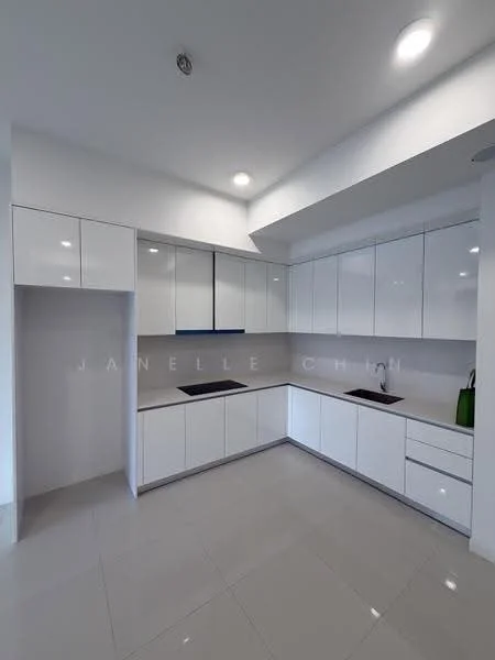 Kitchen features: white flat-panel cabinets, grey countertop, double-bowl stainless-steel sink, chrome pull-down faucet, built-in oven, induction cooktop, recessed downlights, ceramic tile flooring, white tiled backsplash, open shelving, kitchen island, wall-mounted cabinets; style: modern.