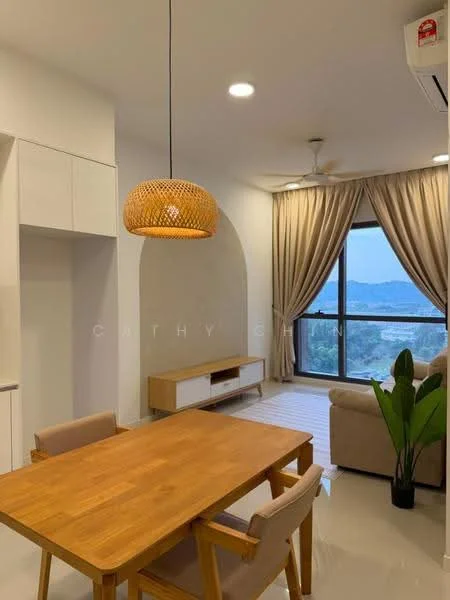 Living features: floor-to-ceiling windows, curtains, 3-seater fabric sofa in beige, wooden coffee table, TV console, pendant lamp, ceiling fan, decorative plant, light-colored walls, tile flooring; style: modern; view: mountain. Dining features: wooden dining table, 2 upholstered dining chairs, white cabinetry, open shelving, neutral color palette; style: modern.