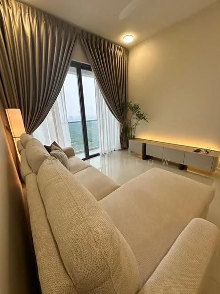 Living features: beige L-shape sectional sofa, floor-to-ceiling windows, sheer curtains, dark wood TV console, LED strip lighting on console, light-colored painted walls, polished tile flooring, decorative plant in corner, recessed ceiling light, wall-mounted TV; style: modern; view: city.