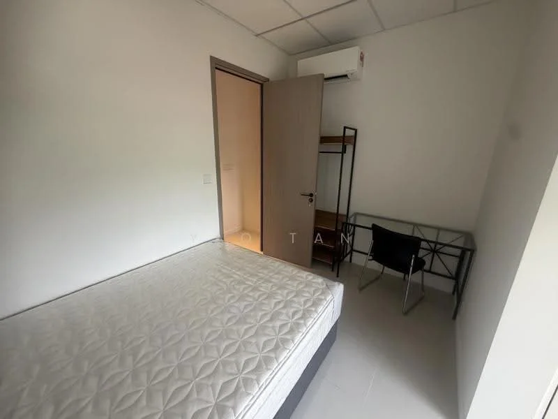 Bedroom features: single bed, mattress on bed frame, desk with chair, built-in wardrobe, wall-mounted air conditioning unit, white painted walls, tile flooring, window with natural light; style: minimalist.