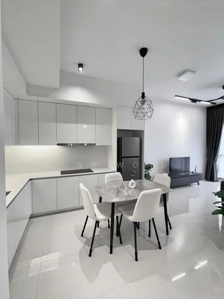 Dining features: white glossy cabinetry, black countertop, stainless-steel fridge, 4-seater round dining table, upholstered dining chairs in white, pendant light fixture, polished ceramic tile flooring, floor-to-ceiling windows with sheer curtains, wall-mounted TV, greenery in ceramic pot; style: modern. Kitchen features: white cabinetry, black countertop, built-in oven, stainless-steel sink, chrome pull-down faucet, recessed LED downlights; style: modern.
