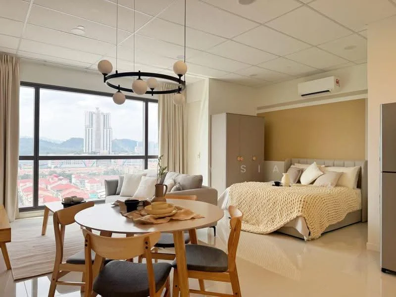 Living features: floor-to-ceiling windows, beige accent wall, white painted walls, polished tile flooring, sofa in light grey fabric, round dining table, 4 wooden dining chairs, bed with upholstered headboard, bedside table, refrigerator, air conditioning unit, decorative throw blanket; style: modern; view: city.