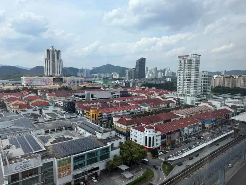 Exterior type: high-rise condominium; features: city skyline view, mixed-use development, red-tiled roofs, modern high-rise buildings, surrounding greenery, urban landscape, commercial buildings, multi-storey car parks; style: modern.