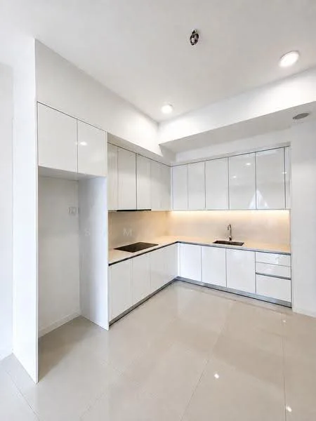 Kitchen features: white cabinetry with flat-panel doors, black countertop, single-bowl stainless-steel sink, chrome pull-down faucet, built-in oven, induction cooktop, white tiled backsplash, recessed downlights, ceramic tile flooring, open shelving, integrated dishwasher, under-cabinet lighting; style: modern.