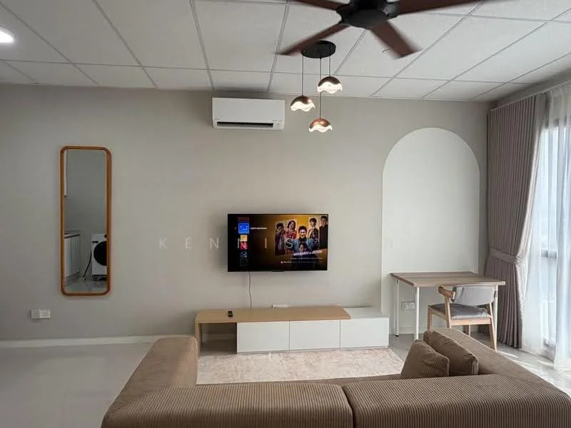 Living features: 3-seater fabric sofa in beige, coffee table, wall-mounted TV, TV console in white, ceiling fan with light, 1 wall-mounted split AC, large window with sheer curtains, decorative mirror, area rug with neutral pattern, study desk with chair, light grey painted walls, recessed downlights, white ceiling tiles; style: modern.