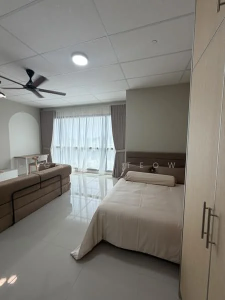 Bedroom features: queen-size bed with beige bedding, upholstered headboard, 2-seater fabric sofa in beige, white walls, recessed ceiling lights, floor-to-ceiling windows with sheer curtains, light grey curtains, glossy tile flooring, built-in wardrobe with light wood finish, ceiling fan; style: modern; view: city.
