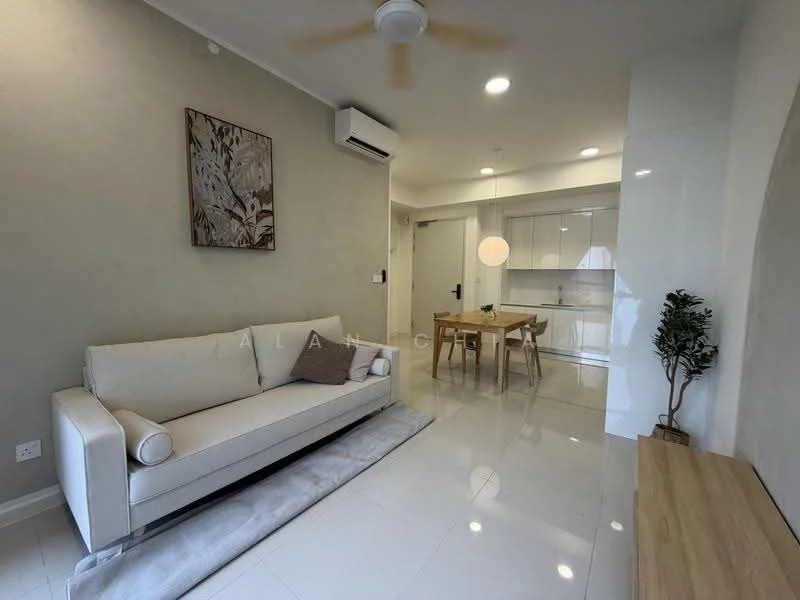 Living features: white painted walls, glossy tile flooring, 5-blade ceiling fan with light, sofa in white fabric, area rug in light grey, wooden side table, wall-mounted air conditioning unit, decorative artwork on wall, dining table with four chairs, built-in kitchen cabinetry, countertop with sink; style: modern.