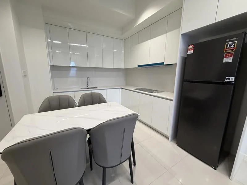 Kitchen features: white high-gloss cabinetry, marble-patterned countertop, stainless-steel sink, chrome pull-down faucet, built-in stove, black refrigerator, 4-seater dining table, grey upholstered dining chairs, ceramic tile flooring, recessed LED downlights, wall-mounted cabinets, backsplash with light-colored tiles; style: modern.
