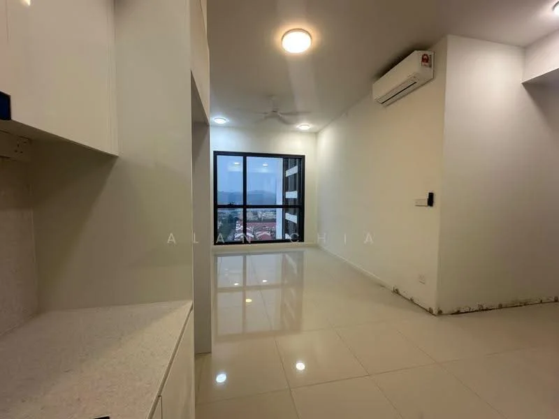 Room features: white painted walls, glossy white tile flooring, ceiling fan, wall-mounted split AC, floor-to-ceiling windows, city view, recessed downlights, open layout; style: modern; view: city.