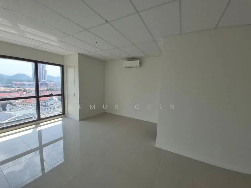 Room features: white painted walls, tile flooring, floor-to-ceiling windows, mountain view, 1 wall-mounted split AC, drop ceiling with fluorescent lights; style: modern; view: mountain.