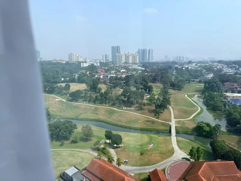 Exterior features: golf course view, lush greenery, water features, urban skyline in background, manicured lawns, tree-lined pathways, residential buildings in distance, hilly terrain; style: modern.