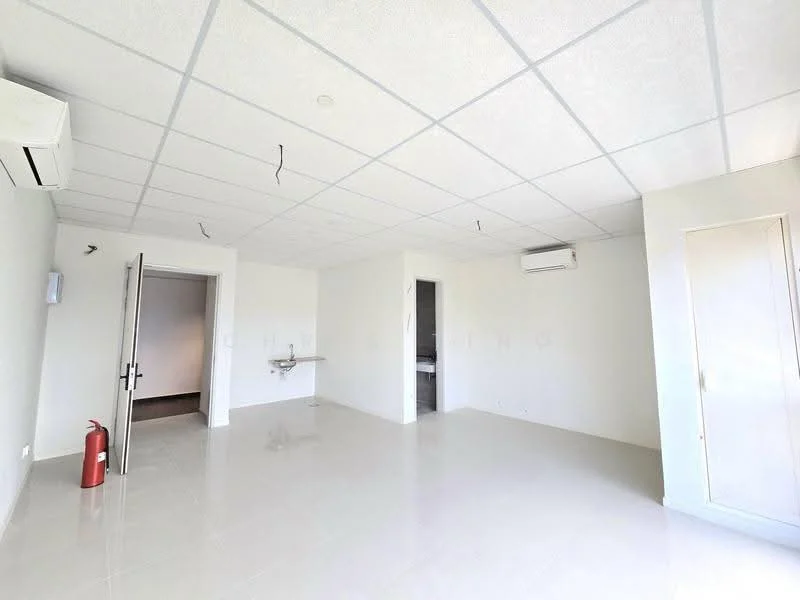 Room features: white painted walls, dropped ceiling, wall-to-wall ceramic tile flooring, 1 wall-mounted split AC, fire extinguisher, door leading to another room, built-in cabinet, open space layout; style: modern.