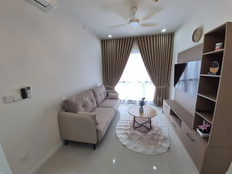 Living features: 3-seater fabric sofa in beige, coffee table with round top, TV console with storage, wall-mounted TV, floor-to-ceiling windows, sheer curtains, drapes in beige, ceiling fan with light, polished tile flooring, decorative wall clock, area rug with circular shape; style: modern.