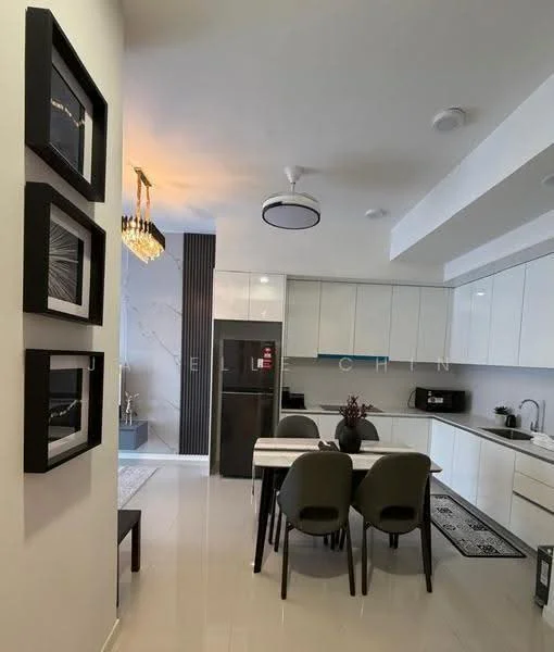 Kitchen features: white cabinetry, black refrigerator, stainless-steel sink, chrome pull-down faucet, white quartz countertop, black dining table, 4 upholstered dining chairs, pendant light fixture, recessed downlights, tile backsplash, grey area rug, wall-mounted decorative frames, open shelving, wall with vertical paneling; style: modern.