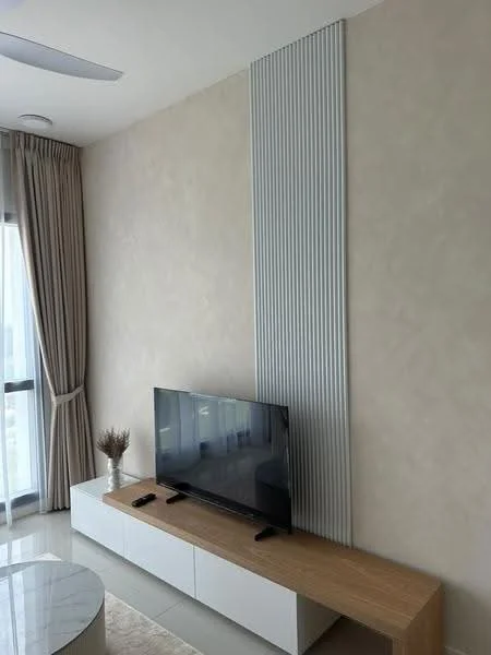Living features: light beige painted walls, smooth ceiling with recessed lighting, floor-to-ceiling windows with sheer curtains, wooden TV console, flat-screen TV, decorative plant in ceramic pot, round coffee table, light-colored area rug, modern wall paneling, polished tile flooring; style: modern; view: city.