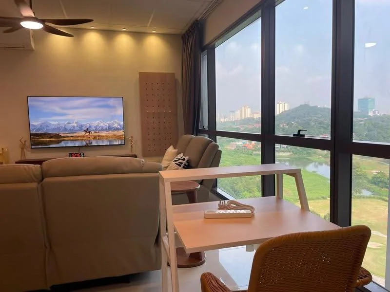 Living features: 3-seater fabric sofa in beige, wall-mounted TV, coffee table, floor-to-ceiling windows, curtains, ceiling fan, decorative wall panel, light-colored flooring, view of greenery and hills; style: modern; view: garden.