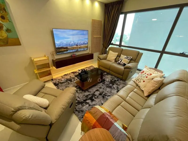 Living features: 3-seater leather sofa in light beige, 2-seater leather sofa in light beige, coffee table, area rug with geometric pattern, wall-mounted TV, TV console, floor-to-ceiling windows, curtains, decorative pillows, framed artwork on wall, wooden shelving unit; style: modern; view: city.