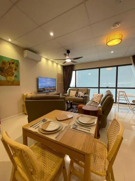 Living features: 3-seater fabric sofa in grey, 2-seater fabric sofa in beige, coffee table, wall-mounted TV, area rug, ceiling fan, recessed downlights, floor-to-ceiling windows, curtains, decorative wall art, dining table with 4 chairs, dining placemats; style: modern; view: city.