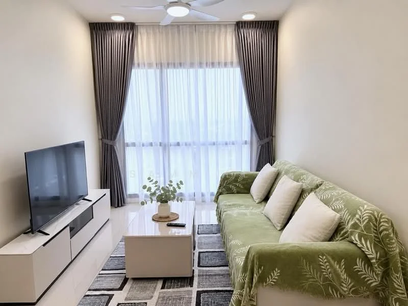 Living features: 3-seater fabric sofa in green, white throw pillows, coffee table with round top, TV console in white, wall-mounted TV, floor-to-ceiling windows, sheer curtains, dark grey curtains, recessed downlights, area rug with geometric pattern, ceiling fan with light; style: modern; view: city.