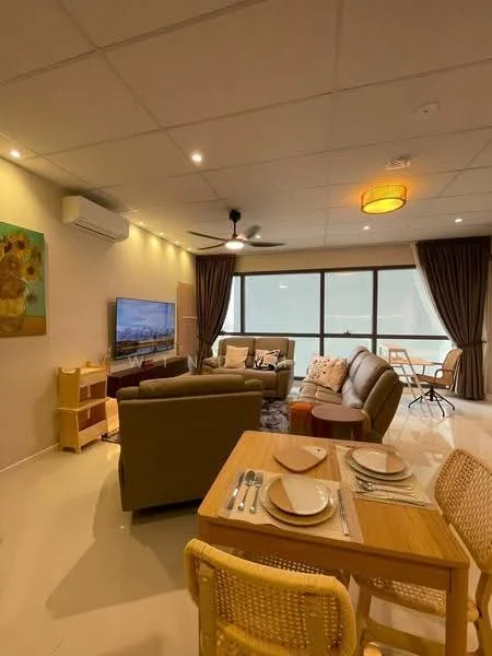 Living features: 3-seater leather sofa in brown, 2-seater fabric sofa in beige, coffee table, wall-mounted TV, TV console, area rug, ceiling fan with light, recessed downlights, floor-to-ceiling windows with sheer curtains, decorative wall art, dining table with 4 chairs, wooden shelving unit; style: modern.