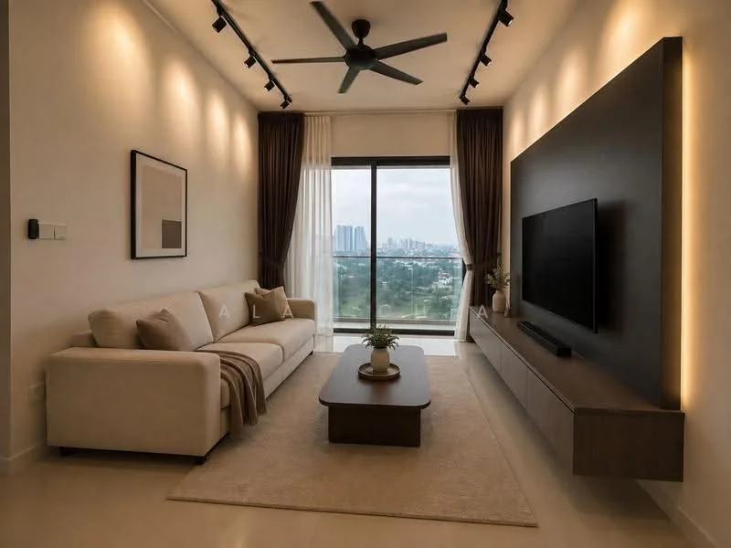 Living features: 3-seater fabric sofa in beige, coffee table, wall-mounted TV, TV console, area rug, floor-to-ceiling windows, sheer curtains, dark wood feature wall, recessed LED downlights, 5-blade ceiling fan with light, decorative plant in pot, neutral wall color, light-colored flooring; style: modern; view: city.