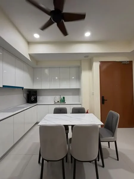 Dining features: white glossy cabinetry, grey countertop, 4-seater dining table with marble top, 4 upholstered dining chairs in white and grey, recessed LED downlights, 5-blade ceiling fan, floor-to-ceiling cabinets, white tiled flooring, door leading to hallway; style: modern.
