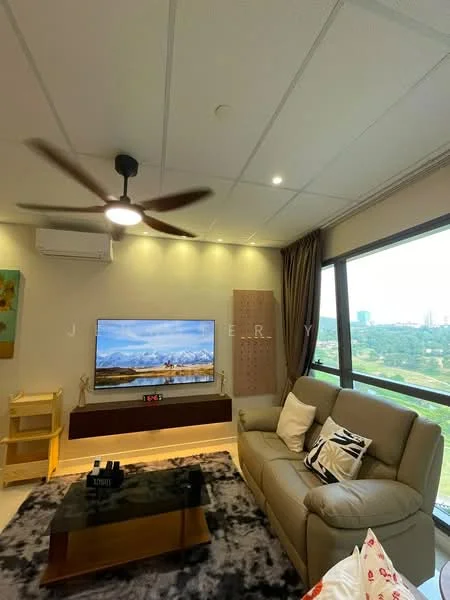 Living features: 3-seater fabric sofa in light grey, coffee table, wall-mounted TV, TV console, 5-blade ceiling fan with light, recessed LED downlights, floor-to-ceiling windows, curtains, area rug with geometric pattern, air conditioning unit, decorative wall art, wooden shelving unit; style: modern; view: city.